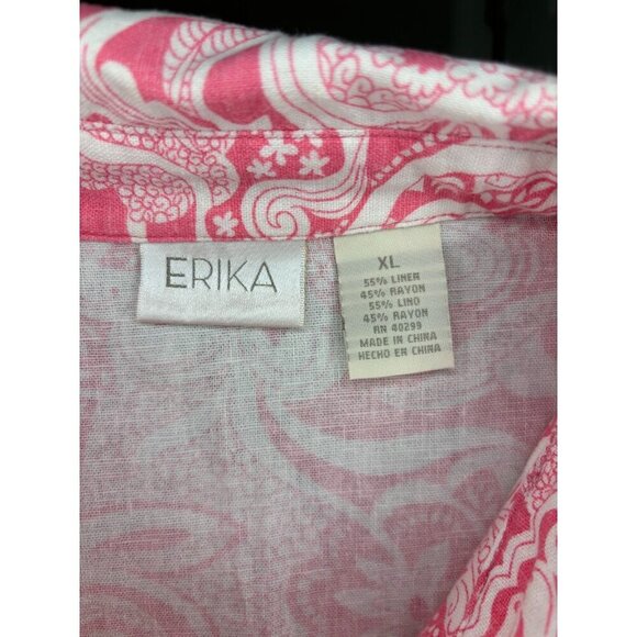 ERIKA Linen Blend Button Up Short Slv Shirt Womens XL Pink Floral Beach Summer - Picture 6 of 6
